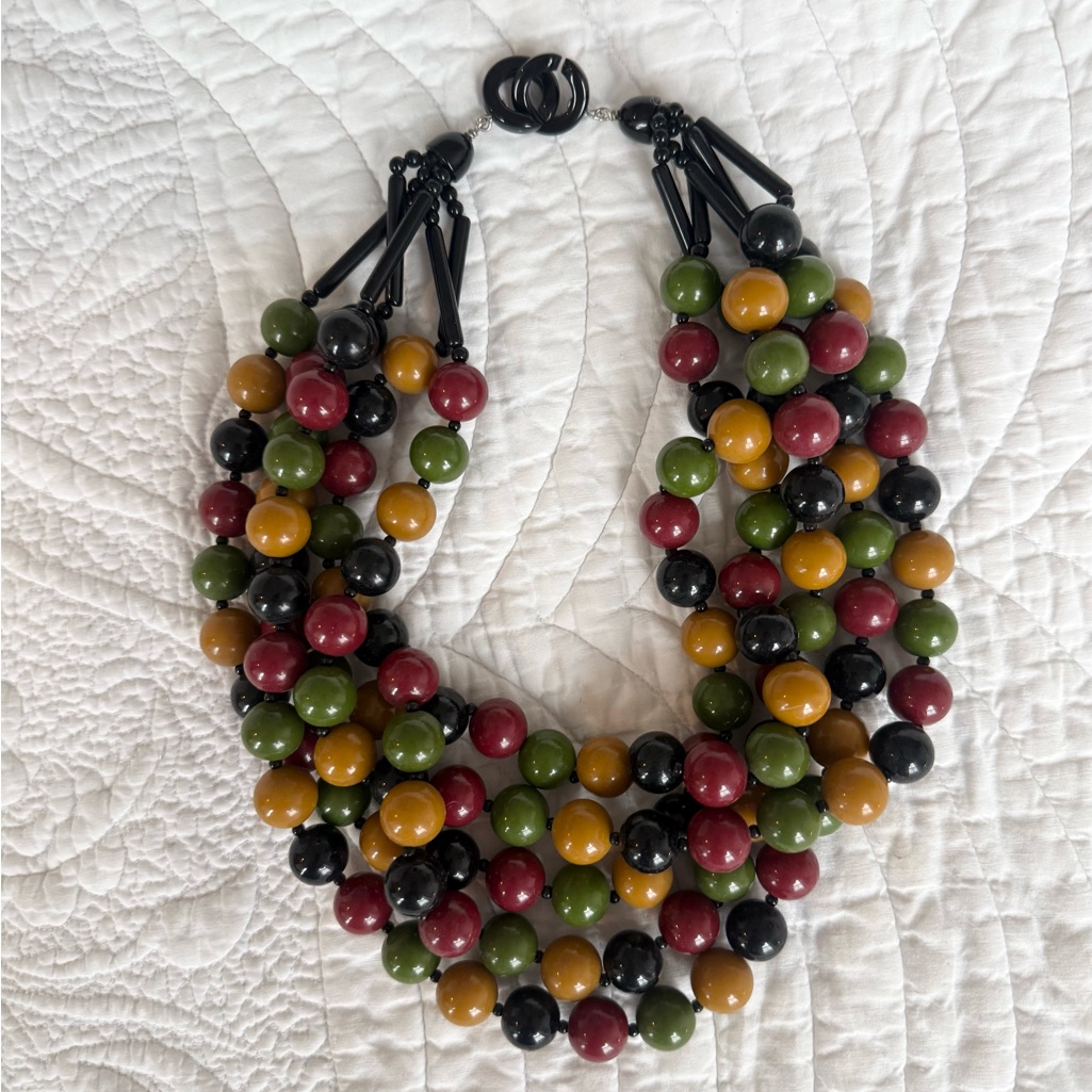 Vintage Angela Caputi - Multistrand Necklace In Olive, Mustard, Burgundy, Black